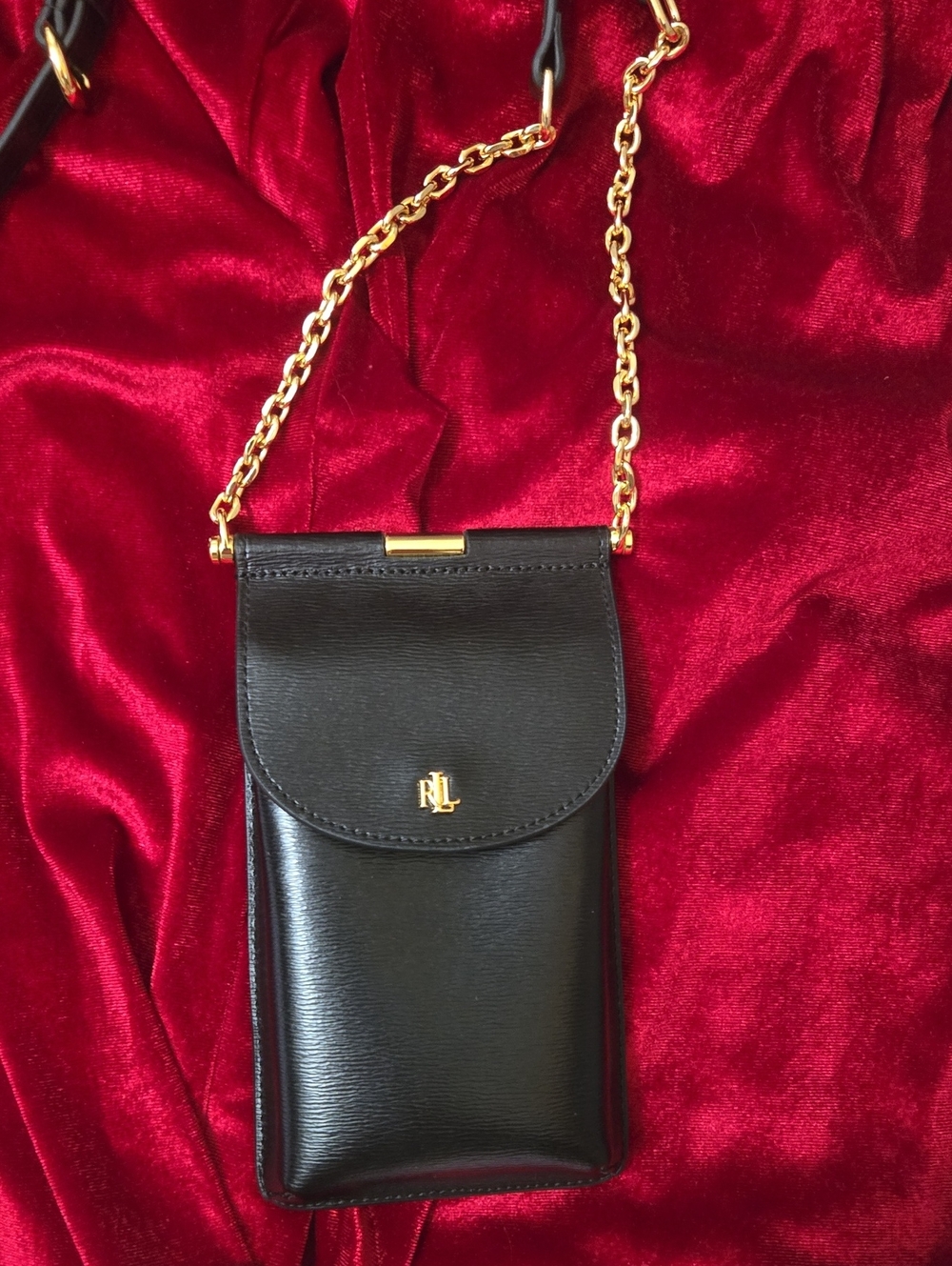Ralph Lauren Black Leather Crossbody Phone Pouch with Gold Chain Strap